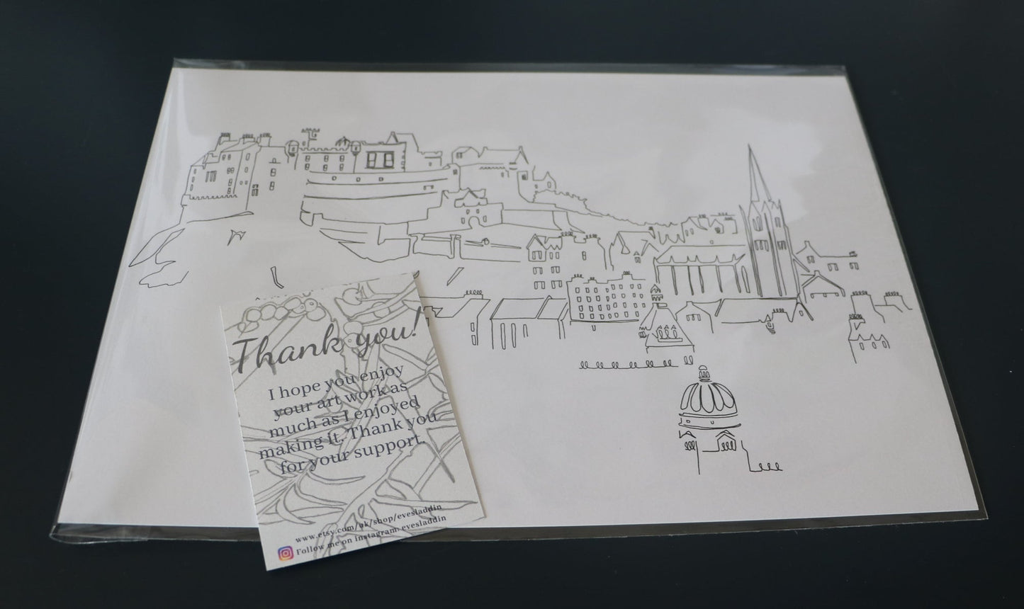 Edinburgh Castle & Old Town - A4 Line Drawing