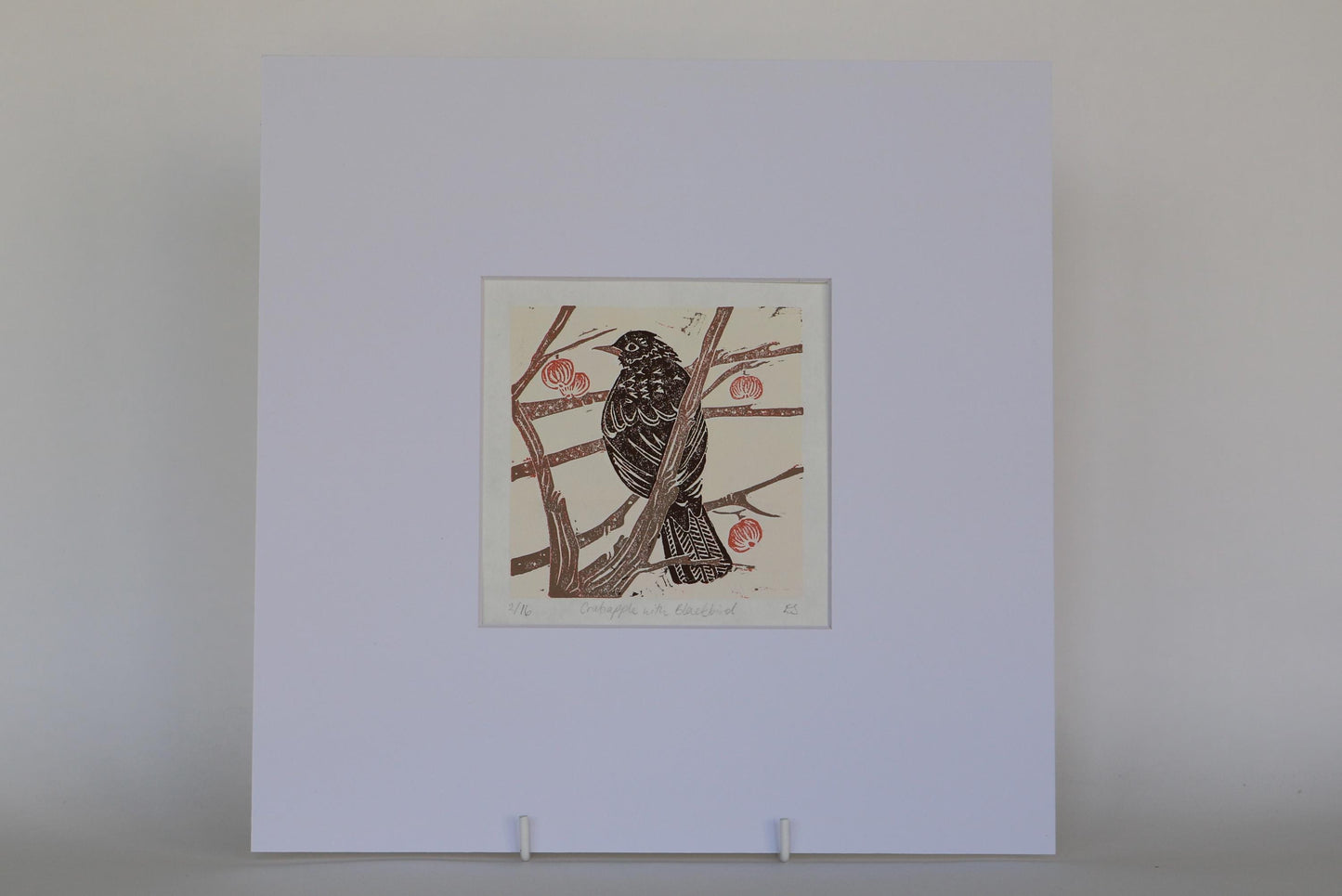 Crabapple with Blackbird - Linocut Print