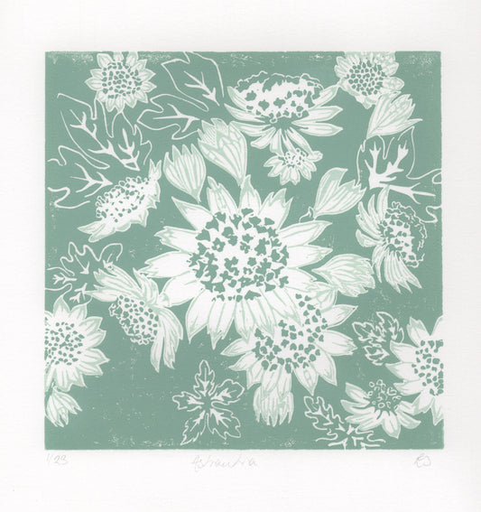 A square art print of Astantias, with a muted sage green background and white linocut flowers and leaves.