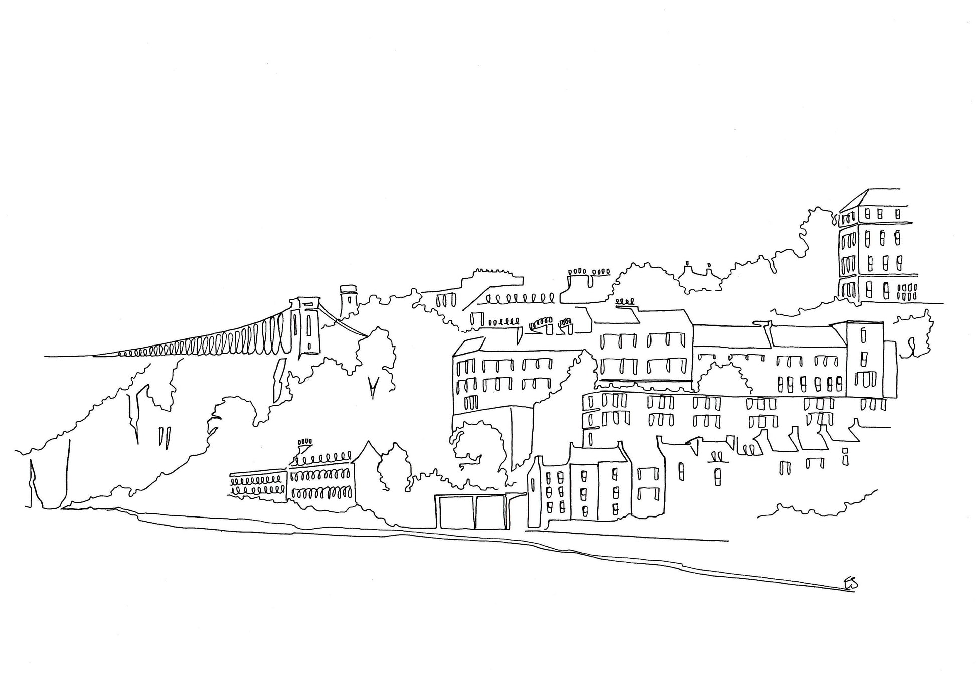 A minimalist black line art illustration of the Clifton Suspension Bridge in Bristol, featuring adjacent buildings and trees, presented on a solid white background.