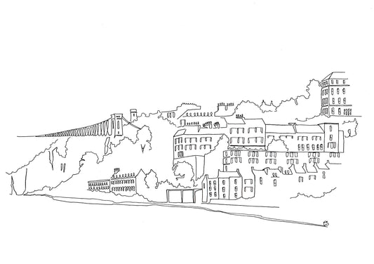 A minimalist black line art illustration of the Clifton Suspension Bridge in Bristol, featuring adjacent buildings and trees, presented on a solid white background.