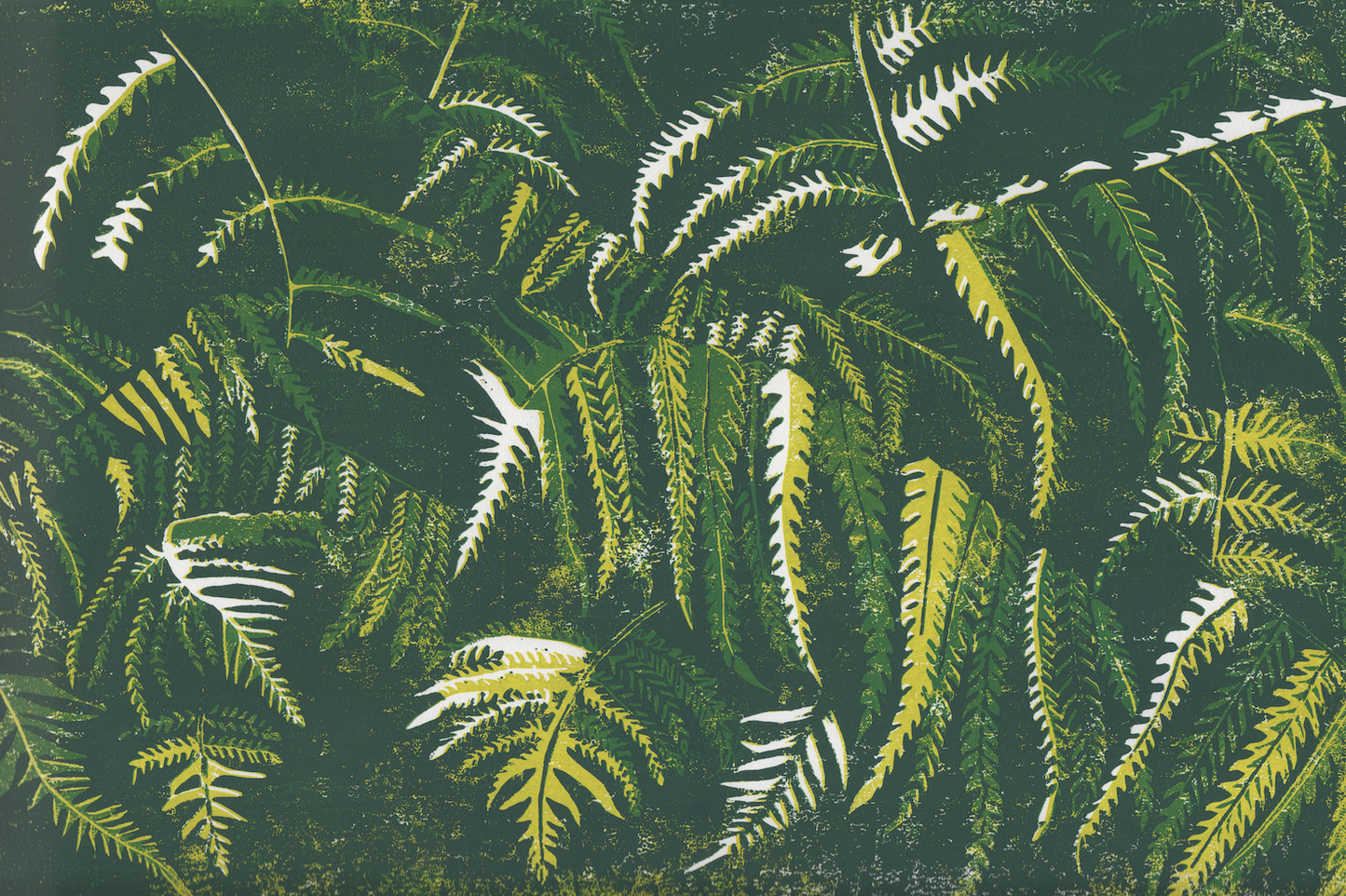 A botanical linocut print featuring layered fern leaves in shades of green, olive, and yellow-green on a dark forest green background.